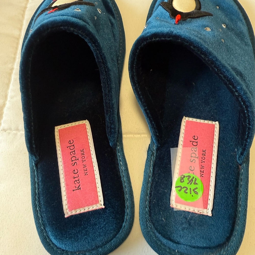 WOT- Kate Spade Blue velvet,Jolie Penguin Embroidered Slippers. 8.5 - Picture 3 of 6